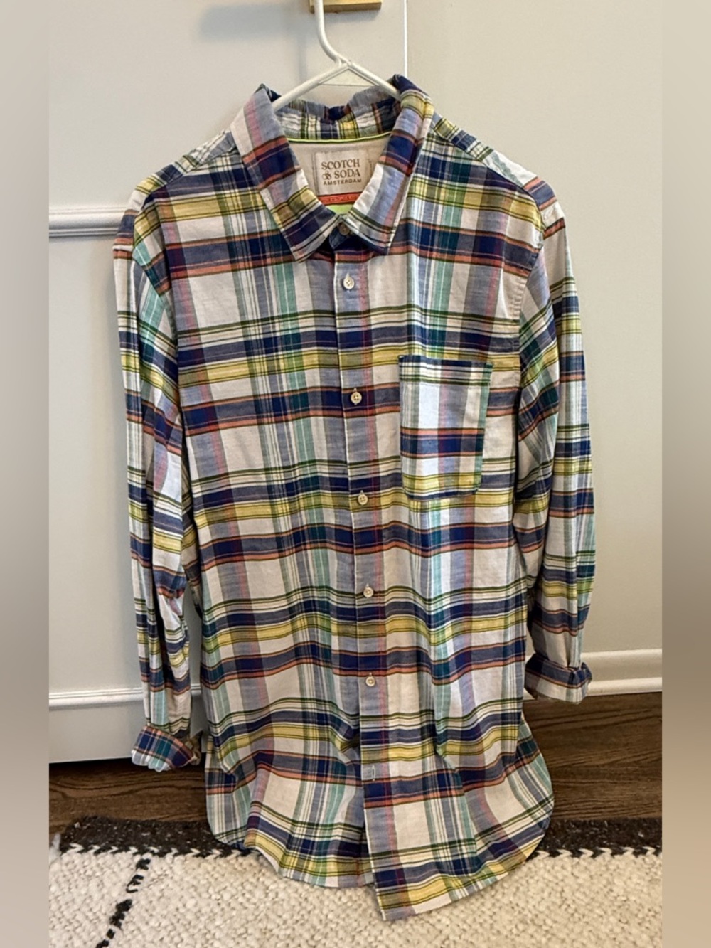 Scotch & Soda Men’s Plaid Button-Down Shirt in White, Blue, Yellow